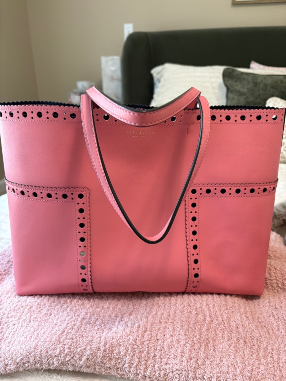 Tory Burch Pink Perforated Leather Tote with Scalloped Trim